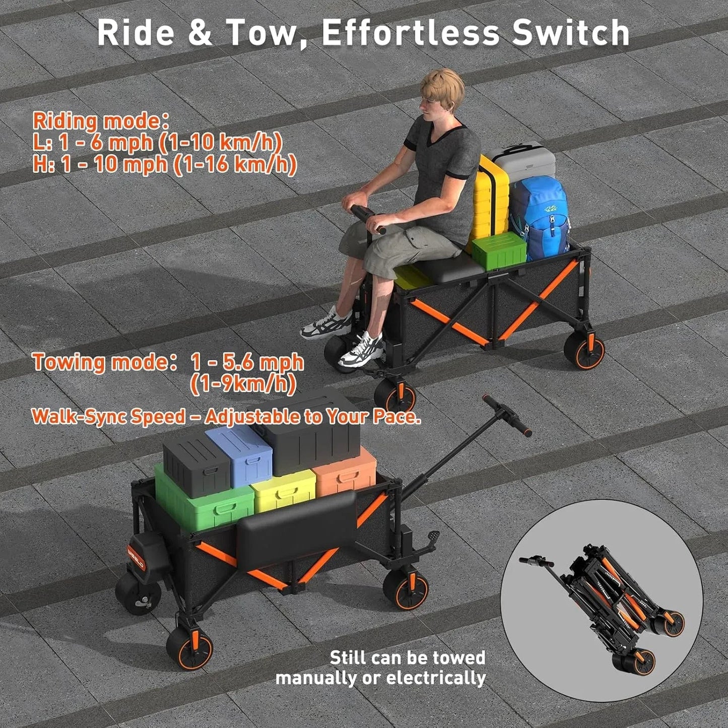Electric Wagon Cart Foldable with Seat- Dual Mode Riding & Towing